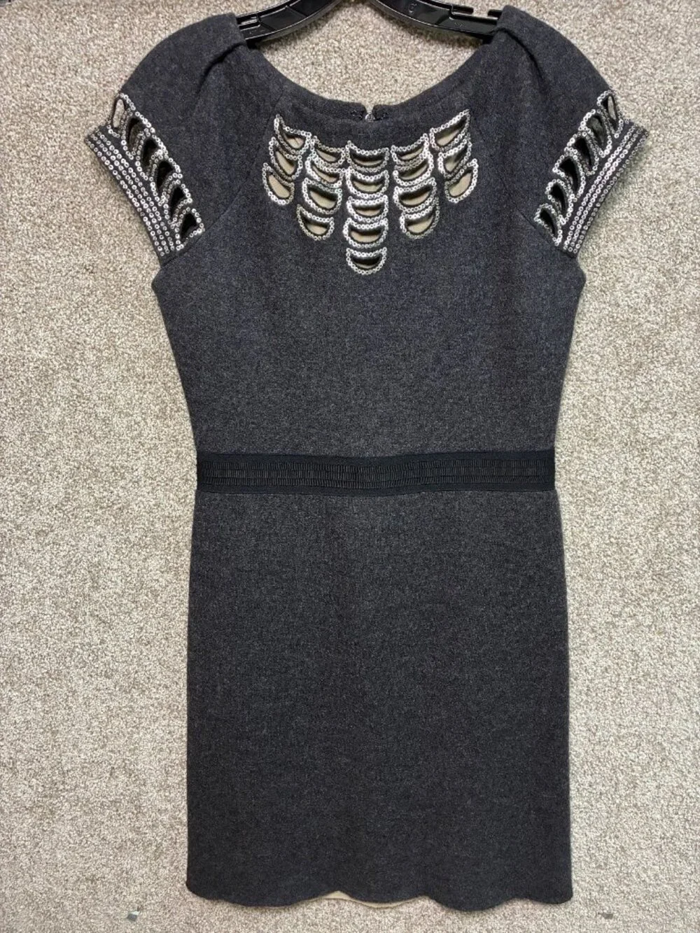 Tory Burch Womens M Wool Sheath Dress Gray Sequin Cutout Embellished Cocktail